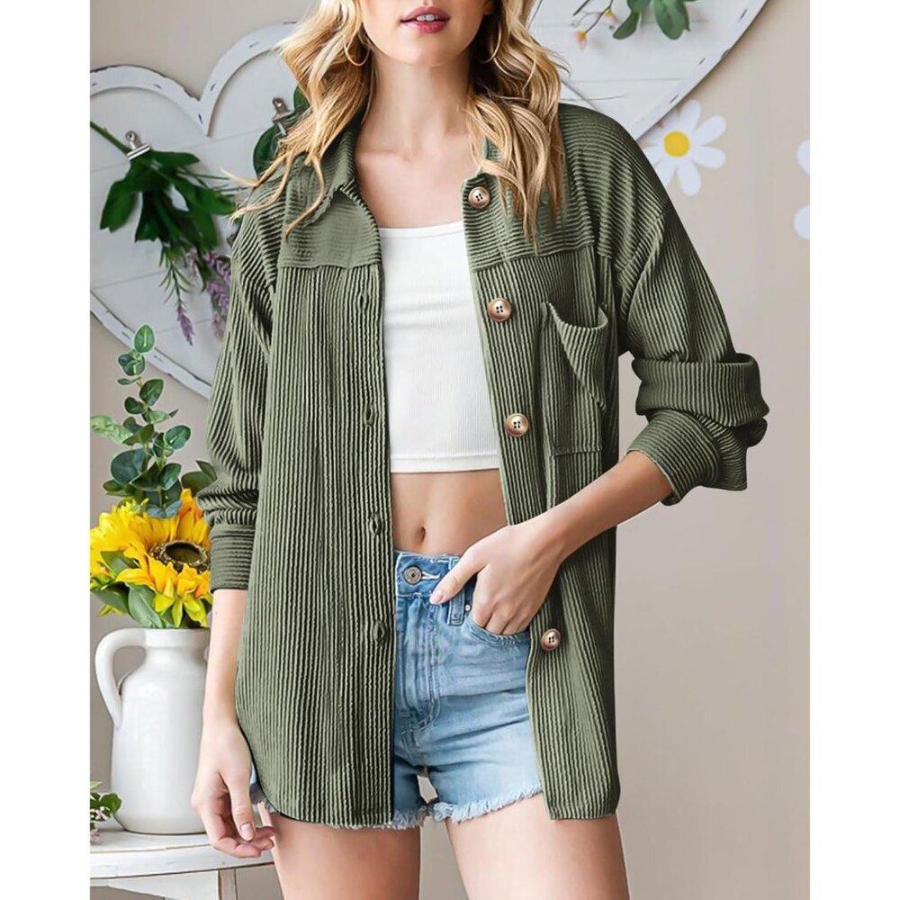 Women's Oversized Button Down Shacket Shirt Long Sleeve Fall Textured - Picture 2 of 8